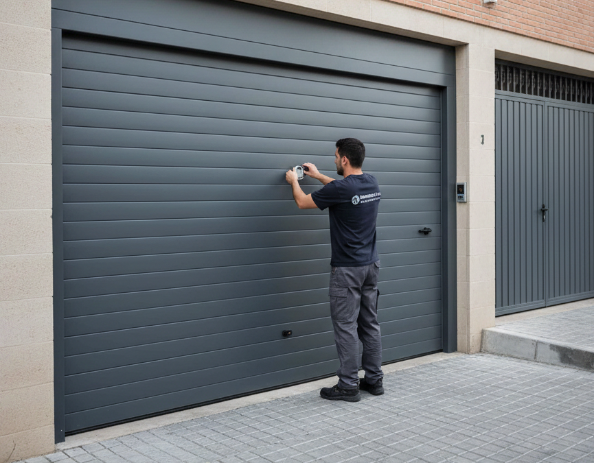 Especialista en automatismos realizando el mantenimiento de una puerta automática de garaje en Huelva.