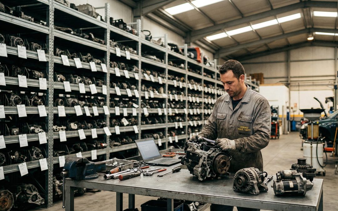 Operario revisando piezas de desguace en Sevilla en un Centro Autorizado de Tratamiento de Vehículos.