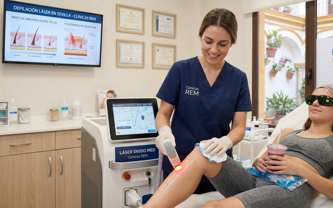 Mujer sonriente recibiendo un tratamiento de depilación láser en Sevilla con tecnología médica avanzada.