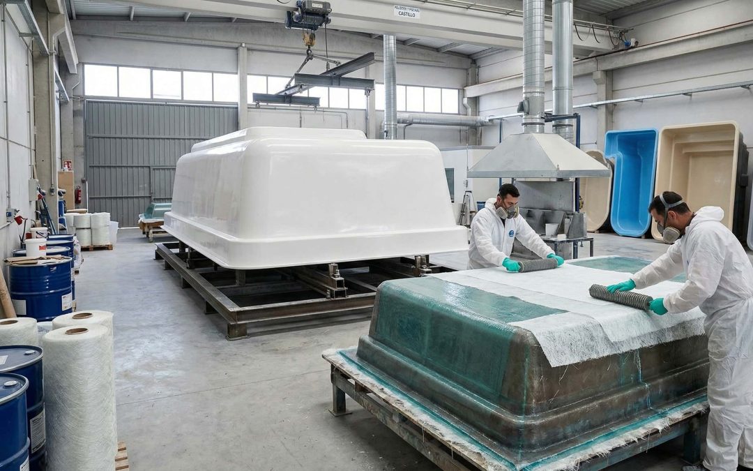 Operarios aplicando capas de fibra de vidrio y resina en el proceso de fabricación de piscinas de poliéster.