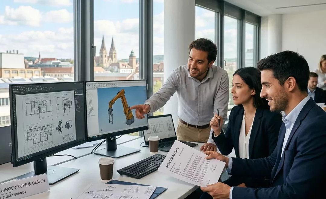 Profesionales españoles en una reunión de trabajo en una empresa tecnológica en Alemania.
