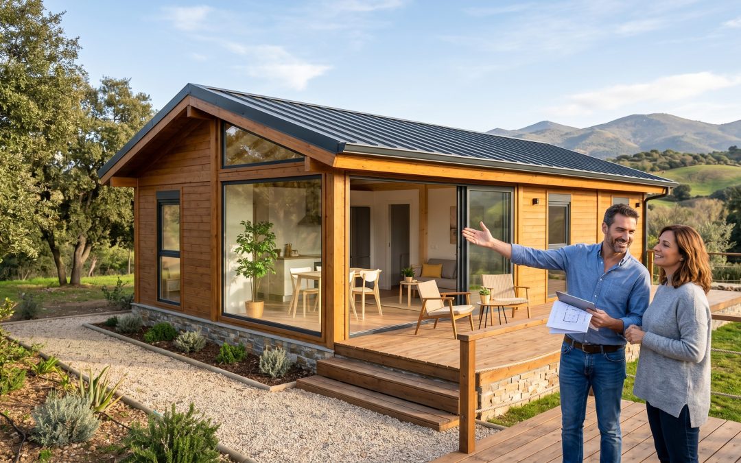 Fachada de vivienda prefabricada de diseño moderno y sostenible