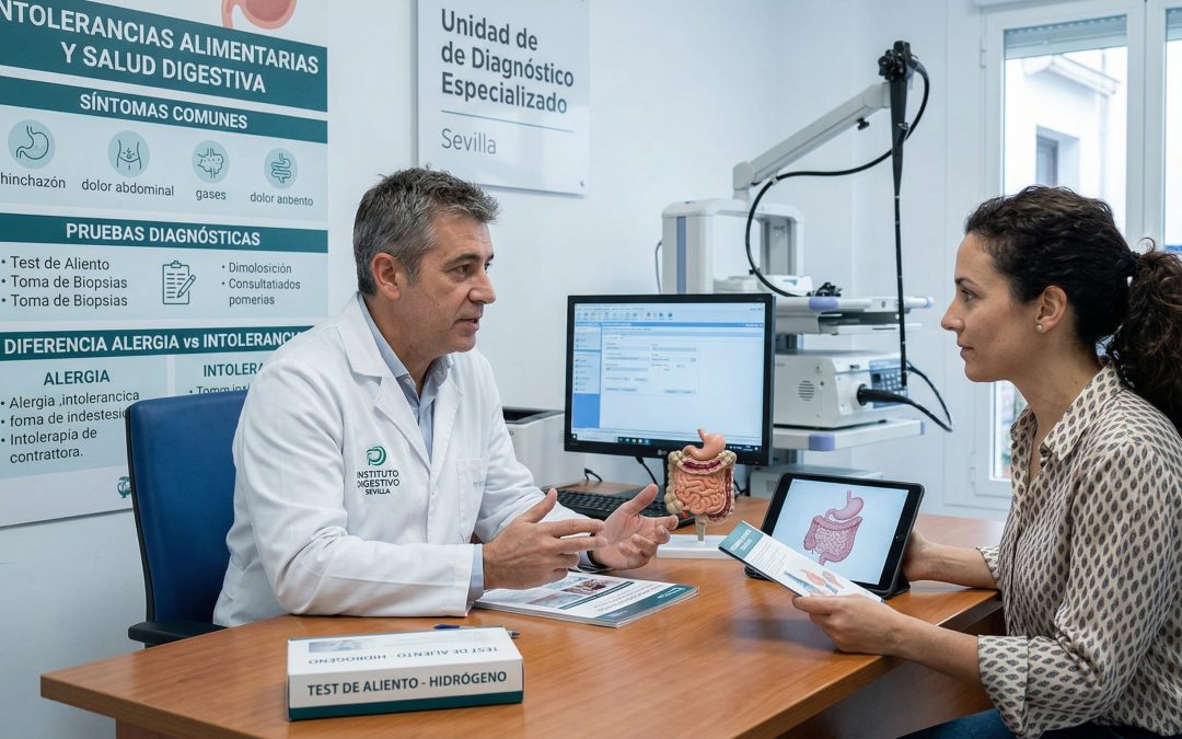 Paciente en consulta médica en Sevilla analizando resultados de pruebas de intolerancias alimentarias y salud digestiva.