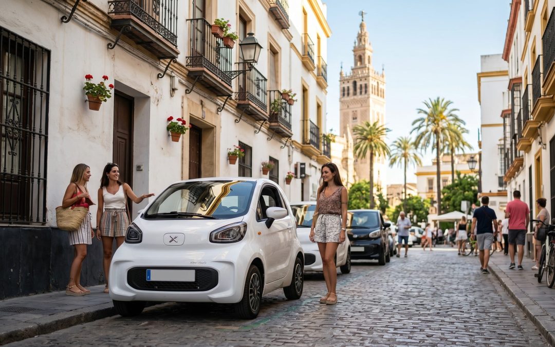 Un modelo de coche eléctrico Xev Yoyo circulando por una calle urbana de Sevilla con un diseño moderno y compacto.