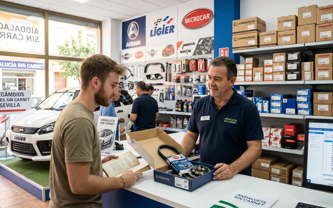Técnico revisando piezas y recambios de coches sin carnet en un taller especializado en Sevilla.