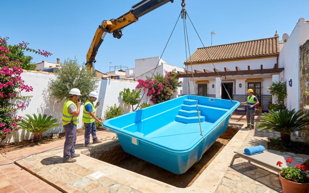 Una piscina de poliéster de Poliéster Casariche siendo bajada por una grúa para su instalación en un patio de Sevilla.