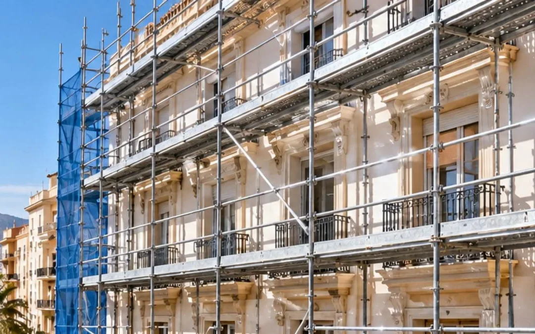 Andamio tubular instalado en la fachada de un edificio residencial durante una obra de rehabilitación.