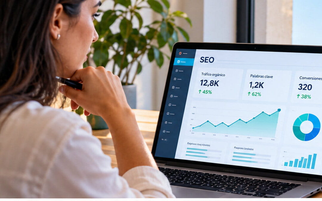 Profesional de marketing digital analizando gráficos de tráfico orgánico y posicionamiento SEO en un ordenador portátil.